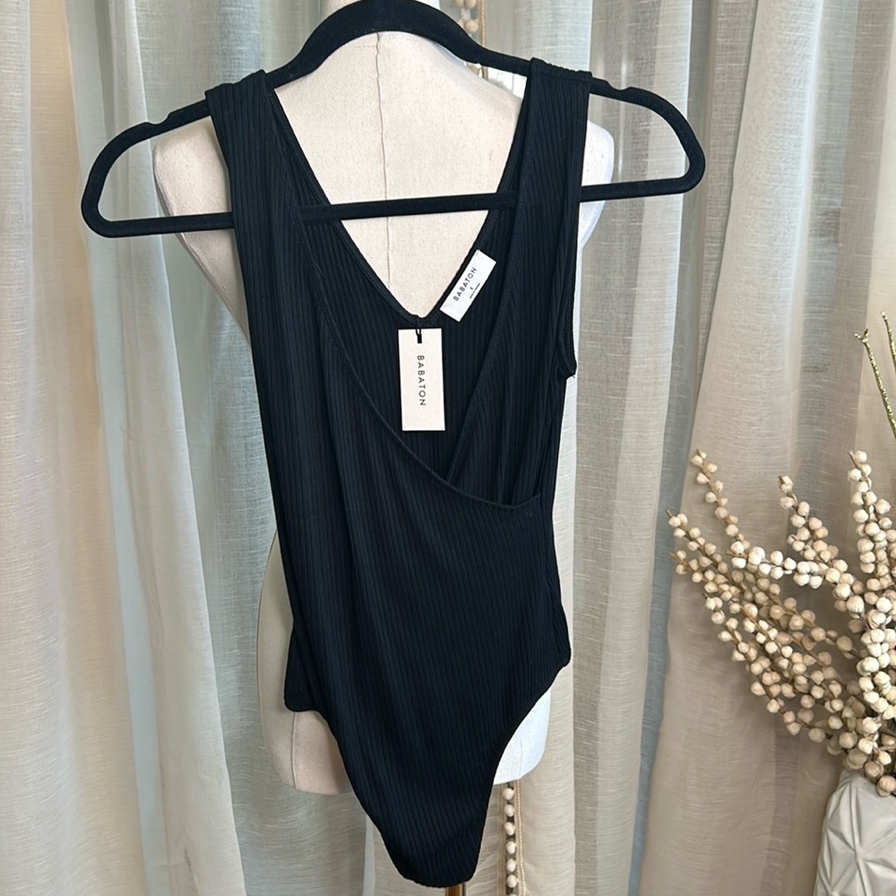 Aritzia Babaton Crossover Black Ribbed Bodysuit S